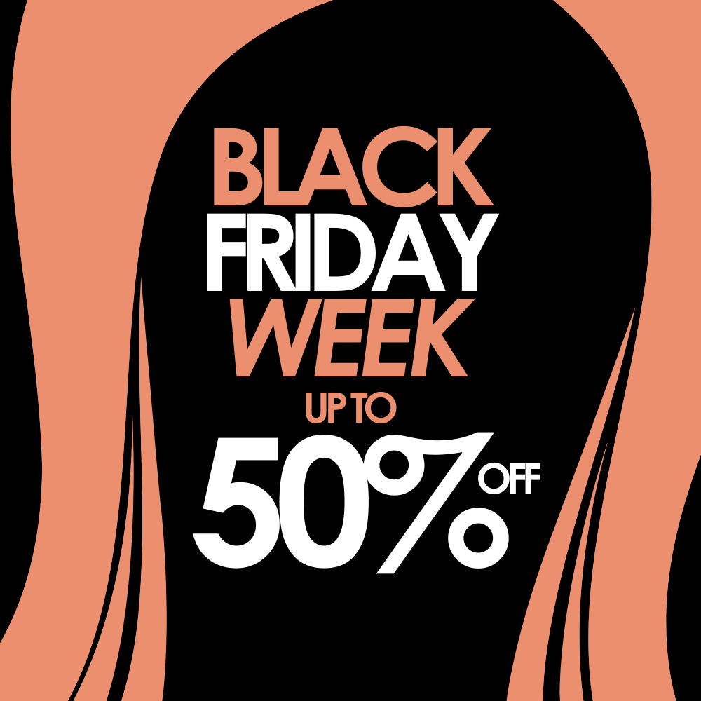 Black Week banner showing up to 50% off on selected products.